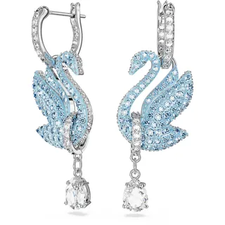 Swarovski Iconic Swan Ohrringe, Blaue und Rhodinierte Kreolen mit Strahlendem Schwan-Anhänger