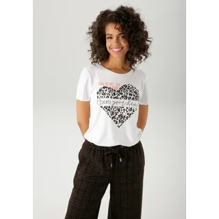 T-Shirt ANISTON CASUAL, Damen, Gr. 38, schwarz (weiß schwarz, taupe, orange), Single Jersey, Obermaterial: 95% Viskose, 5% Elasthan, bedruckt, figurumspielend hüftlang, Rundhals, Shirts T-Shirt, mit Herz, Leo-Druck und Statement-Schriftzügen