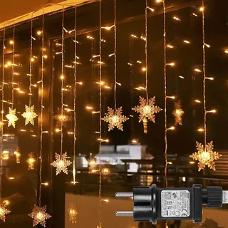 1.8m LED Schneeflocke Lichterkette 8 Lichtmodi Wasserdicht 31V Lichtervorhang für Innen Garten Fenster Weihnachten Deko - Weiß