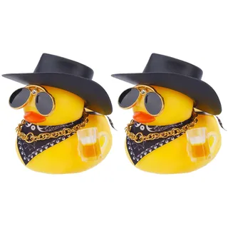 BOXOB 2st Gummienten Autoschmuck, Coole Enten Cowboy mit Hut Sonnenbrille Schal Gelbe Gummiente Auto Armaturenbrett Dekoration Lustiges Zubehör, Süße Bürogeschenke