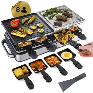 GOURMETmaxx 2-in-1 Raclette Set 8 Personen | Raclette mit Steinplatte und Aluminiumplatte inkl. 8 Pfännchen & Schabern | Raclette-Kombination mit Temperaturregelung | Elektrischer Grill für 8 Personen