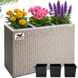 CASARIA Blumenkasten 3 Innentöpfe | Polyrattan, Herausnehmbar, Wasserablauf, Creme, Outdoor, Wetterfest, 83x31x60cm