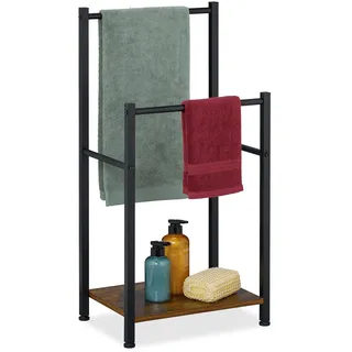 Relaxdays Handtuchständer, Ablage, 2 Stangen, HBT: 80 x 40 x 28 cm, Industrial, stehender Handtuchhalter, braun/schwarz