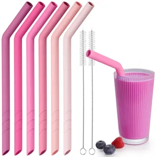 NiHome 6 Stück Silikon Strohhalme Wiederverwendbar, Extra Breite Trinkhalme für Boba, Smoothies & Bubble Tea – Zuschneidbare Länge, BPA-frei, mit 2 Reinigungsbürsten(Rosa Farbverlauf)