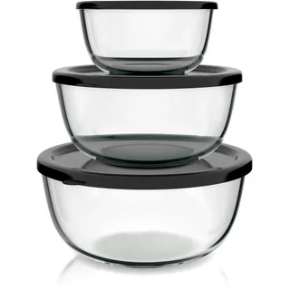 Arendo - Salatschüssel aus Glas mit Deckel - Glasschüssel 3er Set - 1100ml + 2700ml + 4400ml – Rührschüsseln klein bis groß – Borosilikatglas - Glasschale Salatglasschale