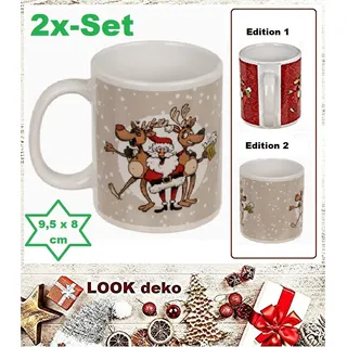 Weihnachtsmann-Crazy-Santa-Rentier Kaffeebecher Tassen Steingut Beige 2 Pack