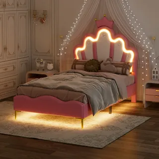 Flieks Polsterbett 90x200cm mit Lattenrost, Kinderbett mit Kronenförmigem Kopfteil, Jugendbett Einzelbett mit Led, Prinzessinnenbett Holzbett, PU - Rosa