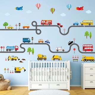 DECOWALL SG3-2308 Wandaufkleber Transporte und Straßen Wandtattoo Straße Wandsticker für Kinder Kinderzimmer Schlafzimmer Jungen Auto Fahrzeuge