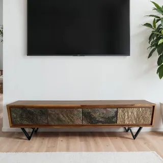 WOHNLING Lowboard Sheesham Massivholz 160 cm TV Board mit Front in Steinoptik & schwarzem Metallgestell Fernsehschrank Industrial TV Möbel Wohnzimmer - Braun
