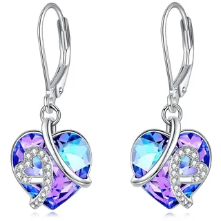 AOBOCO Herz Ohrringe Damen, 925 Sterling Silber Creolen baumeln mit Blau Kristallen, Geburtstag Geschenke für Frau Mutter