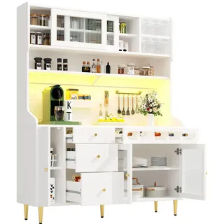 Okwish Buffet 145/39/171 cm Weiß aus MDF mit LED und Weinregal , Glas , 145x171x39 cm , Esszimmer, Anrichten, Buffetschränke