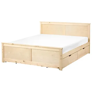 BELIANI Bett mit 4 Schubladen Hellbraun Kiefernholz 140 x 200 cm mit Stauraum Kopfteil Lattenrost Skandinavischer Stil Holzbett Stauraumbett - Braun