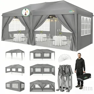 COBIZI Pavillon 3x6 m, Faltpavillon 3x6 wasserdicht stabil Faltzelt Anti-UV Faltbarer Pavillons Outdoor Faltpavillon 3x6m mit 6 Seitenwänden für Garten, Party, Hochzeit, Picknick, Markt, Grau