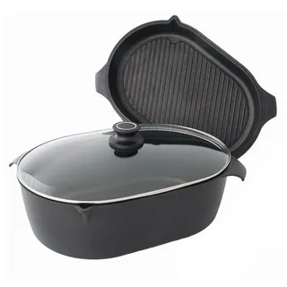 AMT Gastroguss 3er-Set Bräter, bestehend aus Bräter, Gußbräterdeckel mit Grillboden & Glasdeckel, 42 x 28 cm, induktionsgeeignet, Lotan® Antihaft-Veredelung, Gusspfanne (Aluguss), AMZN-I-4228-Set