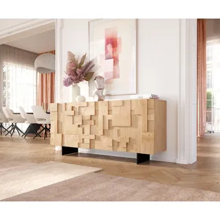 DELIFE Sideboard Puzzle 175 cm Eiche Natur 3 Türen Fuß schwebend Metall Schwarz - Braun, Hellbraun
