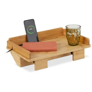 Relaxdays Bettablage, Mini-Nachtisch zum Klemmen, HBT: 11 x 38 x 26 cm, mit Kabelschlitz und Tablethalter, Bambus, natur
