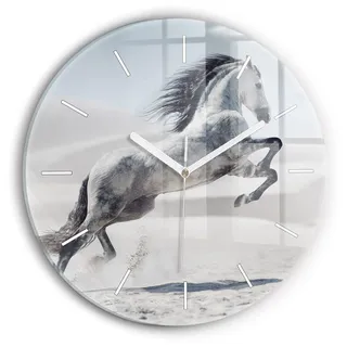 Wallfluent Wanduhr – Stilles Quarzuhrwerk - Uhr Dekoration Wohnzimmer Schlafzimmer Küche - Zifferblatt mit Striche - weiße Zeiger - 30 cm - Galoppierendes weißes Pferd - Weiß