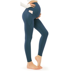 JOYSPELS Umstandsleggings über dem Bauch mit Taschen, Nicht durchsichtig, Workout-Schwangerschafts-Leggings, blaugrün, S
