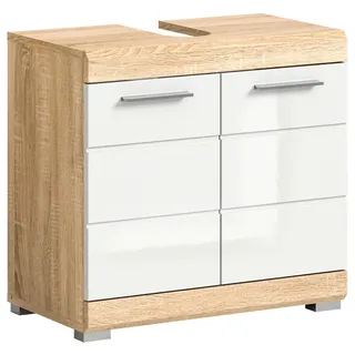 Mid.you Waschbeckenunterschrank , Eichefarben, Weiß Hochglanz , Kunststoff , 1 Fächer , 60x56x34 cm , FSC Mix , stehend , Holzmöbel, Holzschränke, Waschbeckenunterschränke Holz
