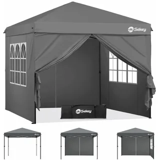 Sekey Pop Up Pavillon 3x3 Wasserdicht Stabil, Faltpavillon 3m x 3m mit Seitenwänden, Partyzelt Faltbar für Camping Party, Stufenlos Höheverstellbar 250 bis 270cm, Premium Serie 3x3, Grau