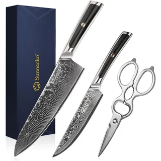 Sunnecko 3PCS Damastmesser Küchenmesser Set Messer Set - Damast Messer Scheren Kochmesser Profi Messerset Damaszener Stahl Küchenmesser Küchenschere Set,vatertagsgeschenk für papa