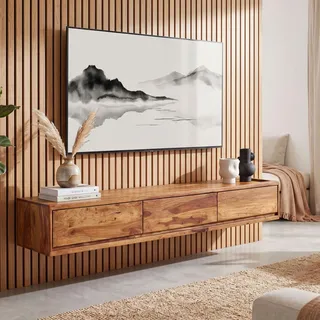 FineBuy Lowboard Hängend Sheesham Massivholz 160x25x35 cm TV-Schrank Braun Fernsehtisch mit Stauraum Fernsehschrank Wand Modern TV-Kommode - Braun