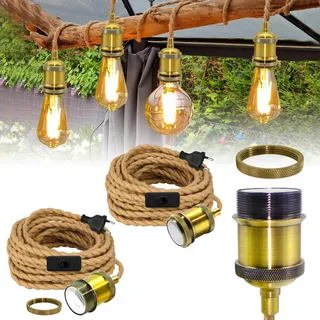 Industrial Hängelampe mit Stecker, 2 Stück Vintage Pendelleuchte Kit mit 5.1M Hanfseil Kabel, Retro Messing E27 Lampefassung, Rustikal Pendelleuchte mit Schalter, für Balkon, Max.60W, Ohne GlüHbirne