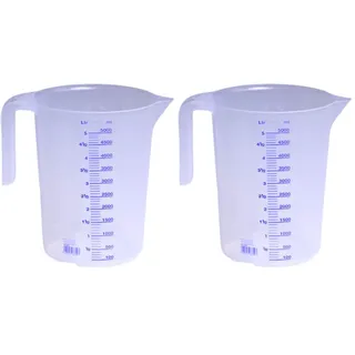 hünersdorff Messbecher 5l | Polypropylen (PP) | bruchsicher und spülmaschinengeeignet | offener Griff | blaue Skala, Transparente (Packung mit 2)