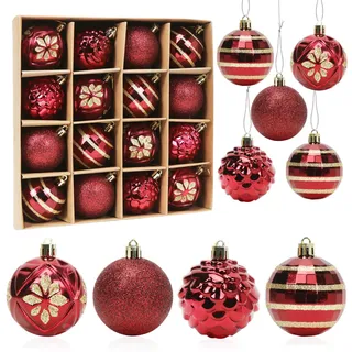 Weihnachtskugeln Rot Set, 16 Stück Christbaumkugeln Rot 6cm, Kunststoff Weihnachtsbaumkugeln Rot Gold, Christbaumschmuck Weihnachtsbaumschmuck, Weihnachtsbaum Dekoration