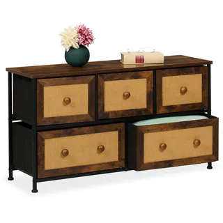 Relaxdays Kommode, 5 Schubladen, Rattanoptik, Flur, Schlafzimmer, HBT 54,5x100x32,5 cm, Sideboard, Metall, braun/schwarz