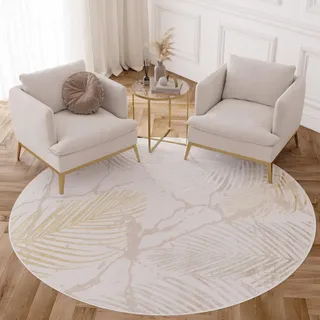 TAPISO Crystal Rund Teppich Kurzflor Glänzend Gold Weiß 240 x 240 cm | Palmenblätter Feder 3D Effekt Wohnzimmer Schlafzimmer Modern Design OEKO-TEX