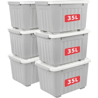 Cetomo 35L*6 Aufbewahrungsboxen, Rillen-verstärkte Kunststoffboxen mit Rollen & Deckeln, Stapelbare Aufbewahrungskiste, Ordnungsboxen für Zuhause und Büro, PP, Grau, 35L (6er Pack)