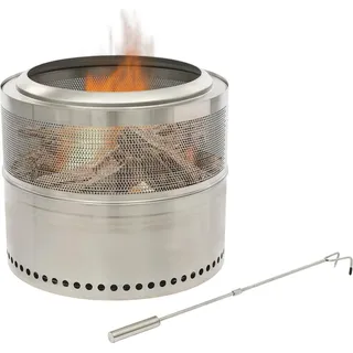 Faltbare Feuerstelle - Runde Feuerschale - Edelstahl 201 - Rauchfrei - Tragbar - Holzbefeuert (Holz nicht enthalten) - Feuerhaken 63 cm - Silber