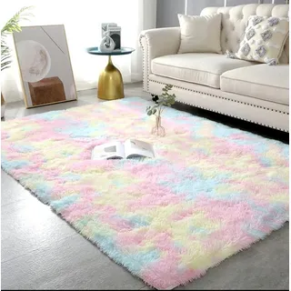 LYKEJI Flauschiger Teppich - Shaggy Langflor für Schlafzimmer und Wohnzimmer - Rutschfeste Dekoration (Regenbogen, 100X200CM)