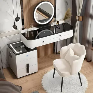 MJKCBD Schminktisch mit Glasplatte, Modern Frisiertisch mit 360° Drehbarer HD-Spiegel und Flexibler Seitenschran, Schwarz Kosmetiktisch mit 5 Schubladen für Mädchen Schlafzimmer, 100cm mit Stuhl