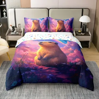 Homewish Capybara Rainbow Theme Baumwoll Bettwäsche Fantasy Nature Regenbogen Sternenhimmel Deckenbezug 135x200 Pflanzen Blumen Wolken Cartoon Tiere Bettbezug Romantik Prinzessin Bettset 2 Teilig