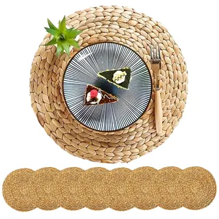 PECZEKO 8er Set Rund Seegras Platzset Abwaschbar Platzsets Tischsets Werden, Boho Platzteller, Ideal für Weihnacht Hochzeit Küche Party, Hitzebeständige 35cm Platzdeckchen Abwaschbar, Natur