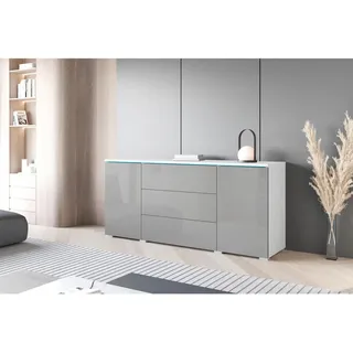P & B Sideboard , Weiß, Grau Hochglanz , Kunststoff , 4 Fächer , 3 Schubladen , 150x67.9x39.5 cm , Fsc , stehend, Beleuchtung , Kleinmöbel, Kommoden, Sideboards