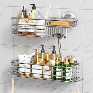 TAILI Rostfrei Duschablage Badregal Ohne Bohren Duschablage Saugnapf Dusche Caddy Saugnapf Dusche Zubehör mit Haken & Seifenhalter Duschregal Organisator für Küche Badezimmer 2 Stück, Silber