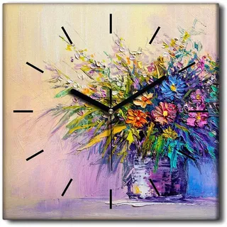 Coloray Uhr auf Leinwand 30x30 cm Wand Uhr Dekoration Wohnzimmer Segeltuch schwarze Hände -Blumenstrauß von Pflanzen - Bunt