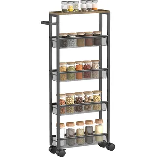 Homcom Küchenwagen Servierwagen mit 5 Ebenen, Schmaler Rollwagen Küchenregal mit Arbeitsplatte in Holzoptik, Rollen, Griff, Metallrahmen, für Esszimmer, 47 x 13 x 96,5 cm, Schwarz