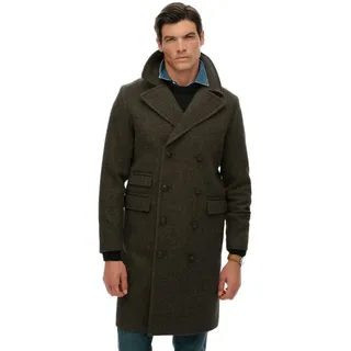 Superdry Merchant Wool Blend Long Mantel - Oak Brown Herringbone - M