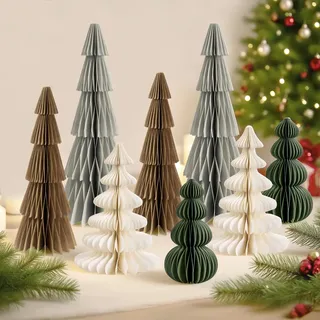 PATTEPOINT 8 Stücke Weihnachtsdekoration 3D Papier Weihnachtsbaum Waben Papiertannenbäume Weihnachten Tischdeko für Esstisch Schrank Fensterbank Kaminsims