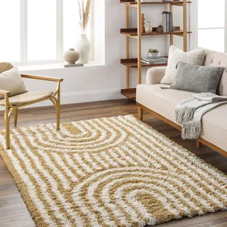 Livabliss Kalba Shaggy Berber - Flauschiger groß für Wohnzimmer, Esszimmer, Schlafzimmer, Langflor Hochflor e flauschig - 160x220 cm, Wohnzimmer in Senfgelb und Weiß
