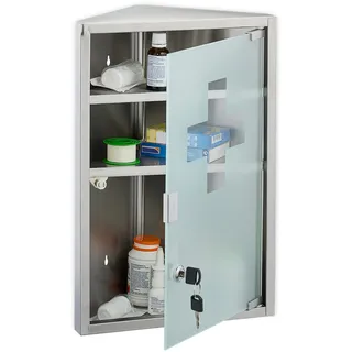 Relaxdays Medizinschrank, 3 Fächer, HxBxT: 45x30x17,5 cm, abschließbar, Edelstahl, Glastür, Eck Apothekenschrank, Silber
