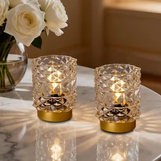 MJ PREMIER Kabellose Tischleuchte mit Timer 2er Set Batteriebetriebene Kristall Lampe mit Rhombus Glas Lampe Nachttischlampe Dekorative Tischlampe für Schlafzimmer Wohnzimmer Bad Küche Flur (Klarx2)