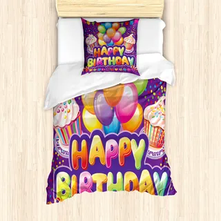 ABAKUHAUS Geburtstag Mantele, Kuchen-Herz-Ballone, Milbensicher Allergiker geeignet mit Kissenbezügen, 135 cm x 200 cm - 80 x 80 cm, Mehrfarbig