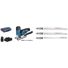 Bosch Professional 12V Akku Stichsäge GST 12V-70 (inkl. 2x Sägeblatt, Akkus & Ladegerät, in L-BOXX) + 3x Stichsägeblatt Set Expert ‘Wood 2-Side Clean‘ (für Sperrholz, Massivholz-Möbelplatte, L 117 mm)