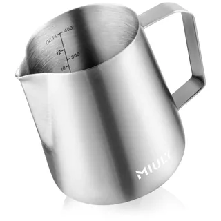 Milchkännchen Edelstahl 400ml, Barista Milchschaumkännchen, Milchbehälter mit Messung, Espresso Kaffee Creamer Milch Aufschäumen Kännchen Tasse für Cappuccino und Latté (Silber, 400ML)