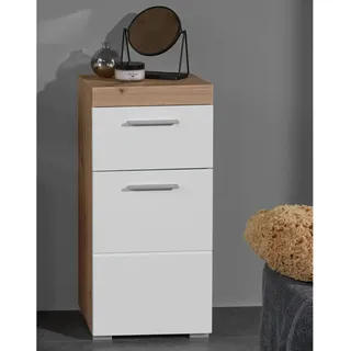 Badschrank ALTENA-19 in Weiß Hochglanz mit Absetzung in Asteiche Nb., B/H/T: ca. 37/79/31 cm - Braun